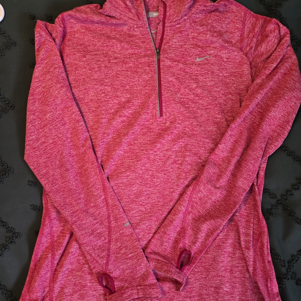 Nike Women's Pink 3/4 Zip Running Dri Fit Long Sleeve Tee Thumbholes, Large